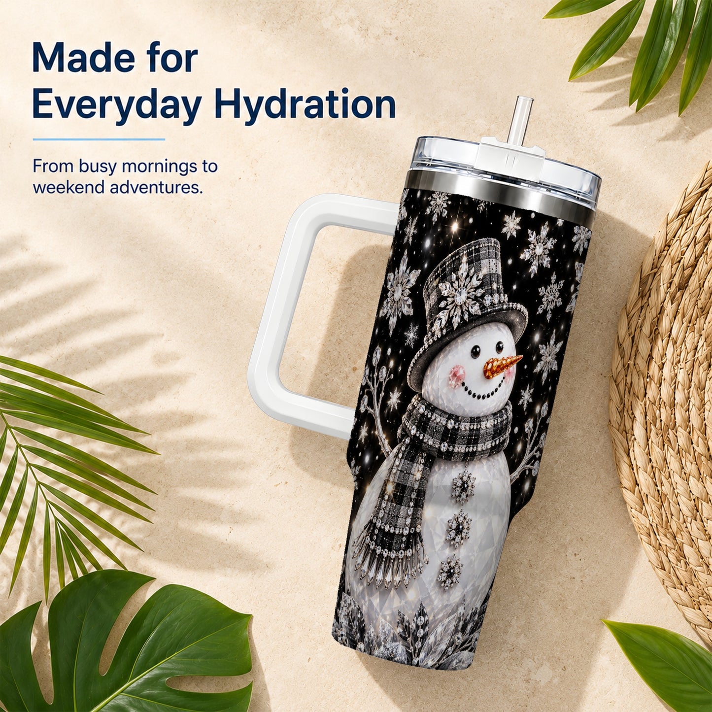 #pl[40oz|White] Crystal Snowman 40oz Tumbler with Handle, Winter Stainless Steel Travel Cup