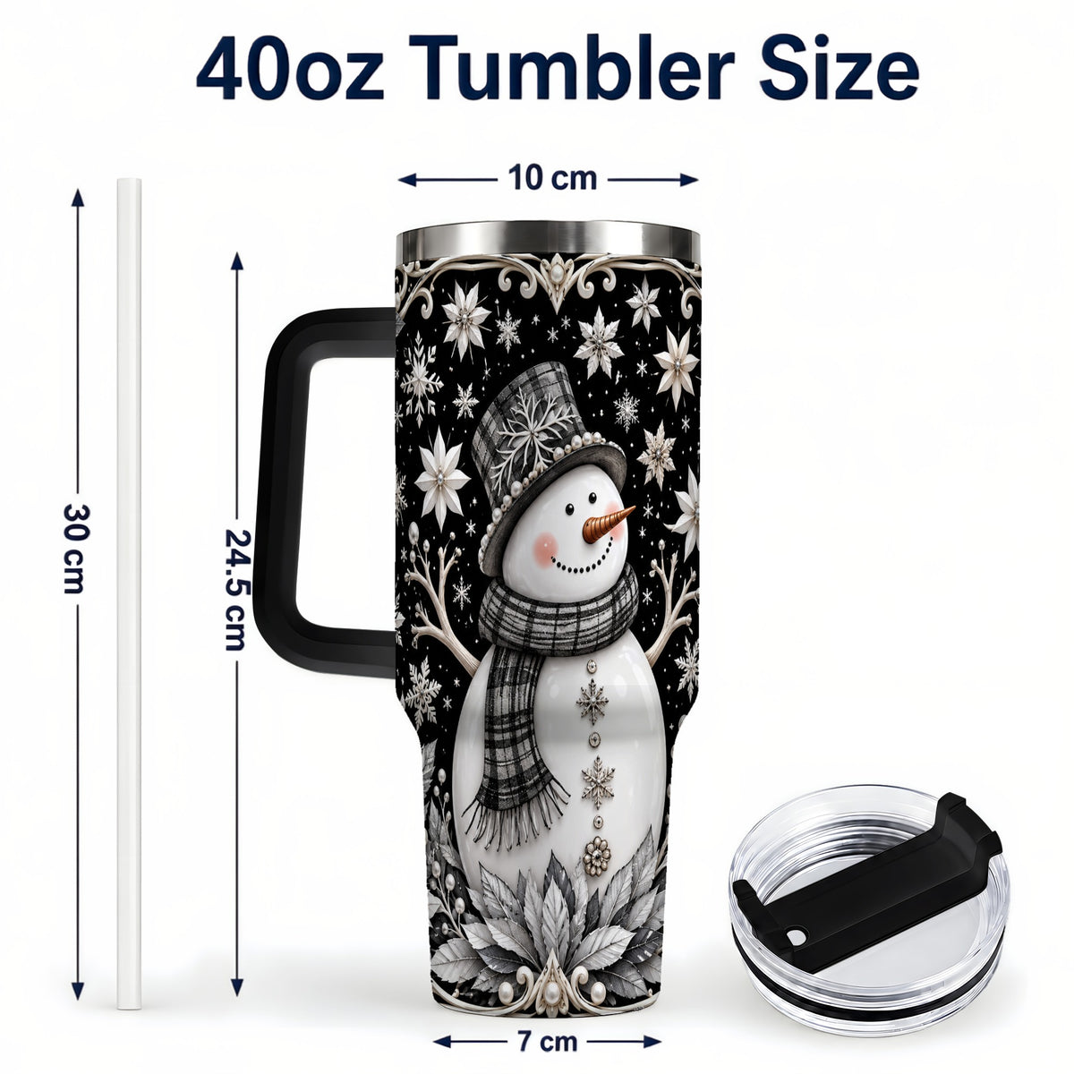 #pl[40oz|Black] Pearl Snowman 40oz Tumbler with Handle, Winter Stainless Steel Travel Cup