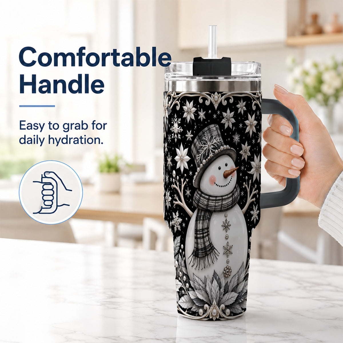 #pl[40oz|Black] Pearl Snowman 40oz Tumbler with Handle, Winter Stainless Steel Travel Cup