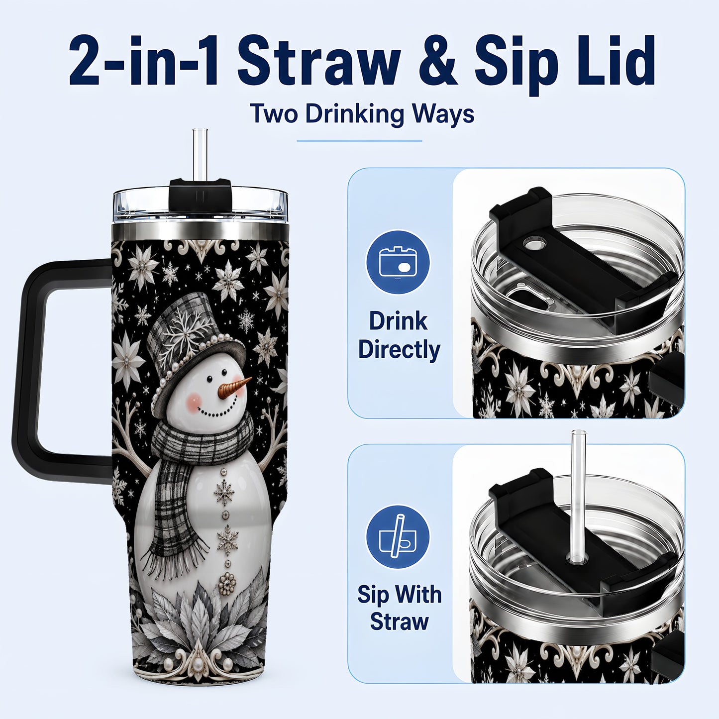 #pl[40oz|Black] Pearl Snowman 40oz Tumbler with Handle, Winter Stainless Steel Travel Cup