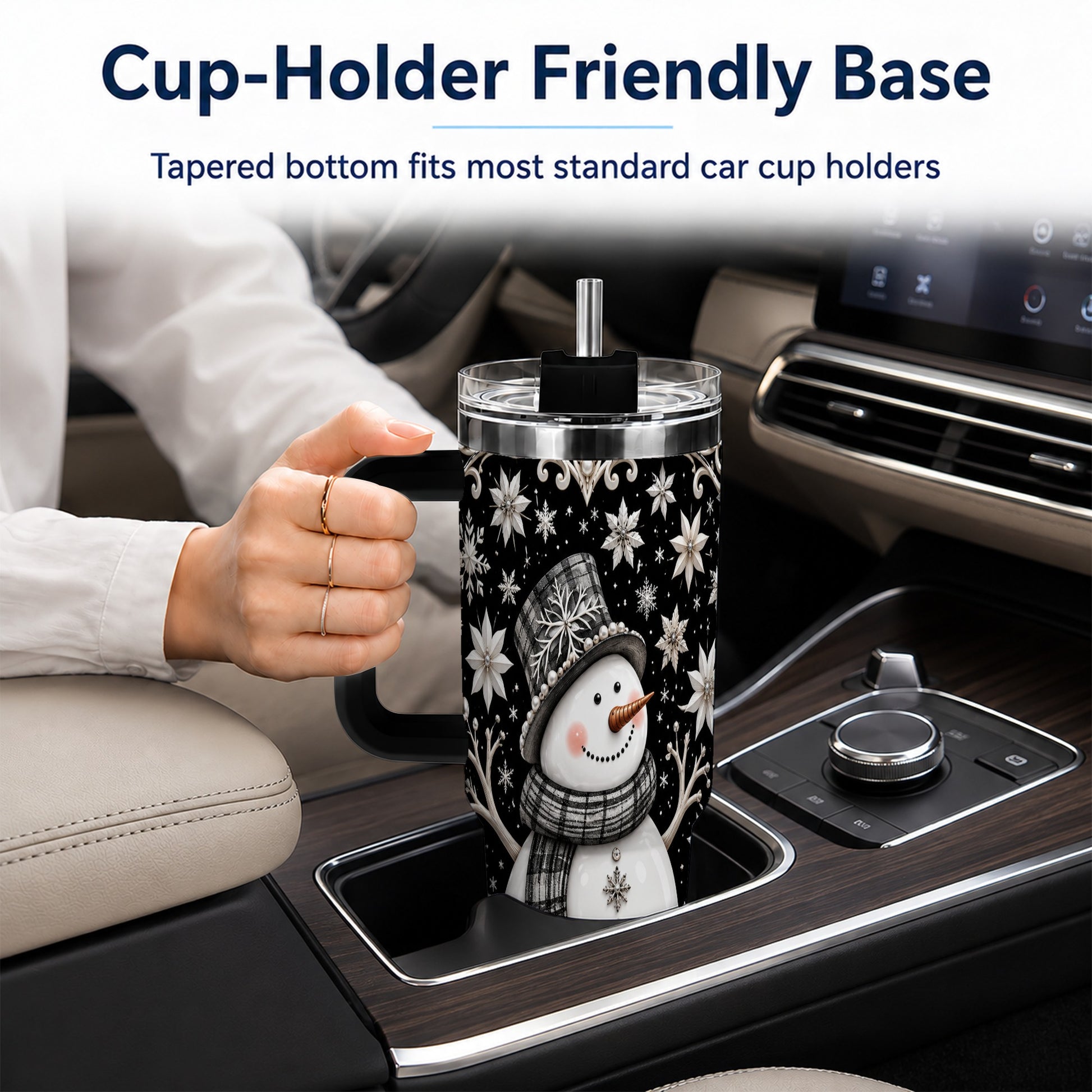 #pl[40oz|Black] Pearl Snowman 40oz Tumbler with Handle, Winter Stainless Steel Travel Cup