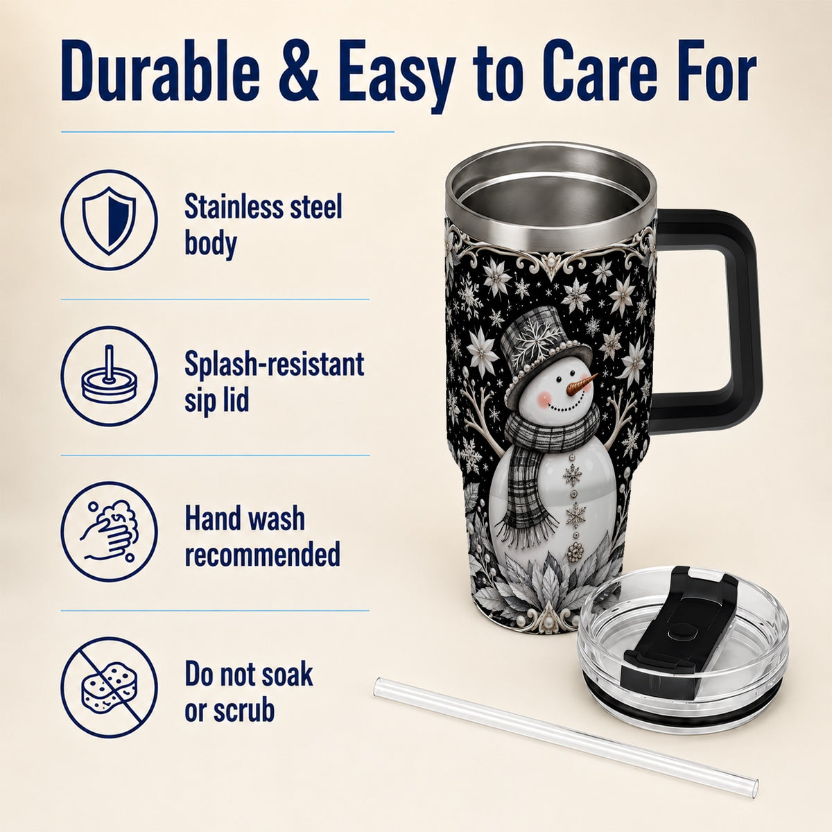 #pl[40oz|Black] Pearl Snowman 40oz Tumbler with Handle, Winter Stainless Steel Travel Cup