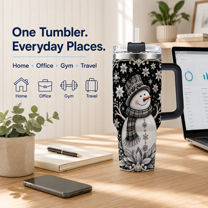 #pl[40oz|Black] Pearl Snowman 40oz Tumbler with Handle, Winter Stainless Steel Travel Cup