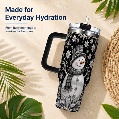 #pl[40oz|Black] Pearl Snowman 40oz Tumbler with Handle, Winter Stainless Steel Travel Cup