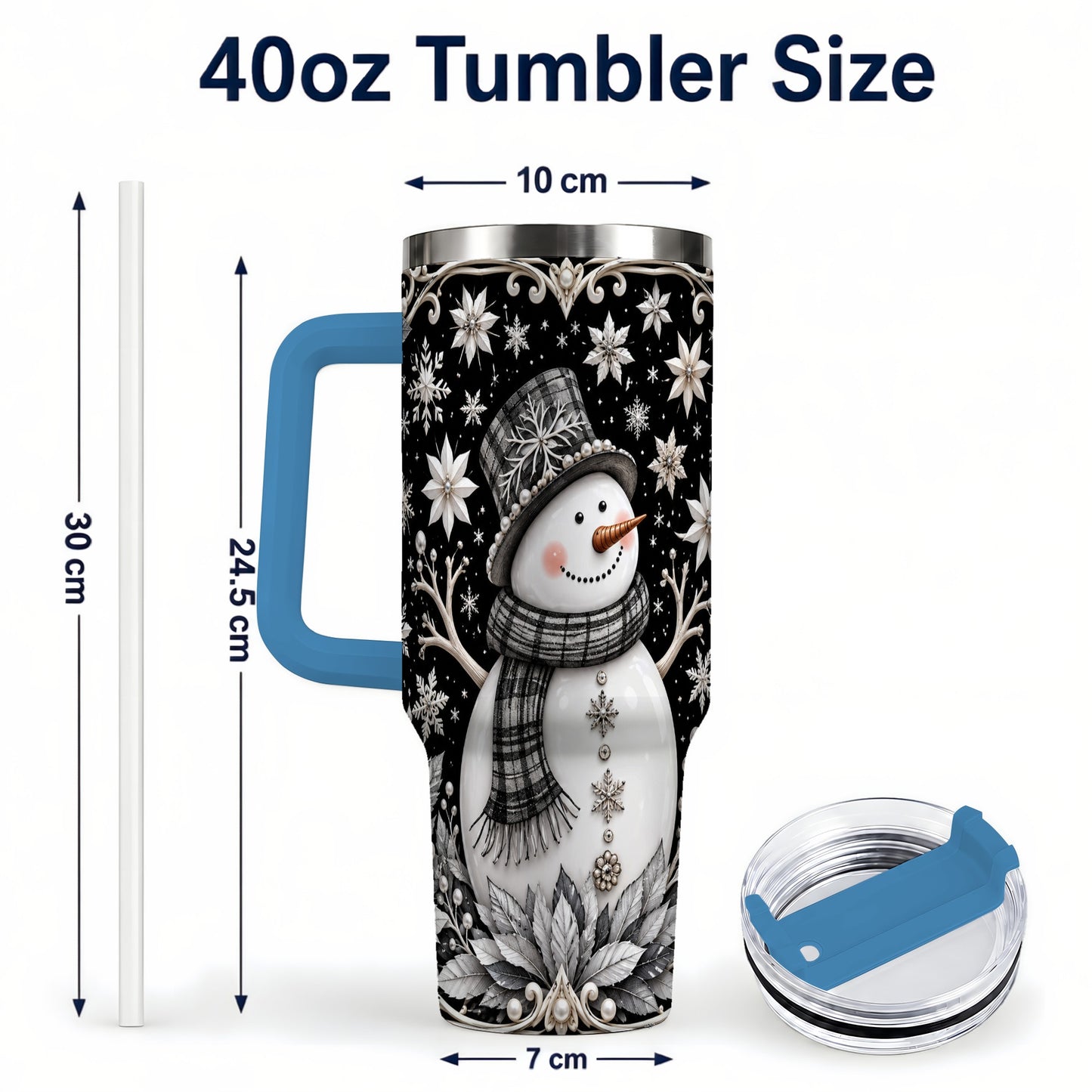 #pl[40oz|Blue] Pearl Snowman 40oz Tumbler with Handle, Winter Stainless Steel Travel Cup