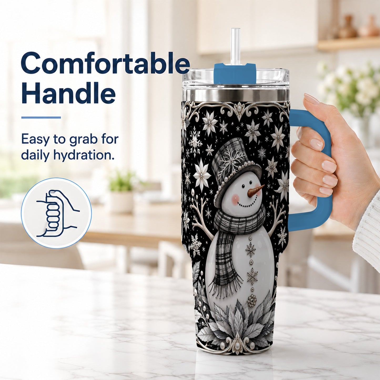 #pl[40oz|Blue] Pearl Snowman 40oz Tumbler with Handle, Winter Stainless Steel Travel Cup
