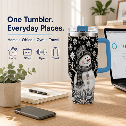 #pl[40oz|Blue] Pearl Snowman 40oz Tumbler with Handle, Winter Stainless Steel Travel Cup