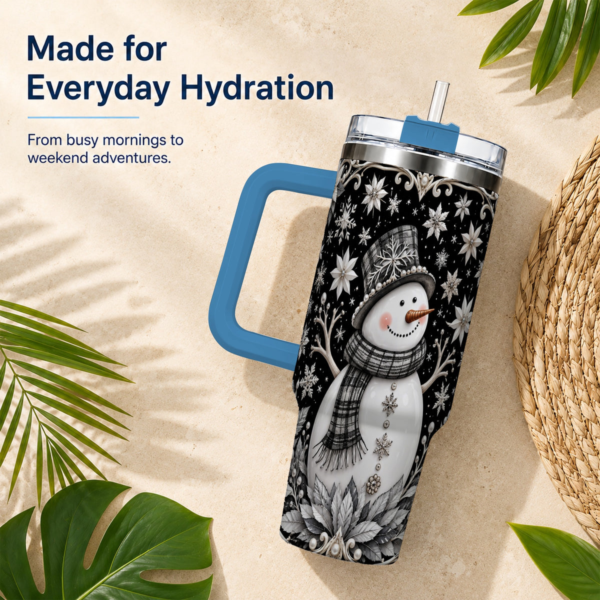#pl[40oz|Blue] Pearl Snowman 40oz Tumbler with Handle, Winter Stainless Steel Travel Cup