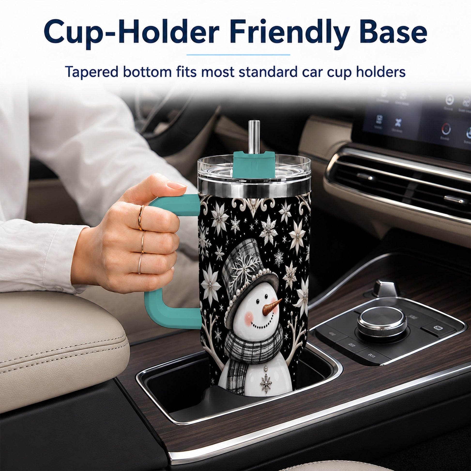 #pl[40oz|Green] Pearl Snowman 40oz Tumbler with Handle, Winter Stainless Steel Travel Cup