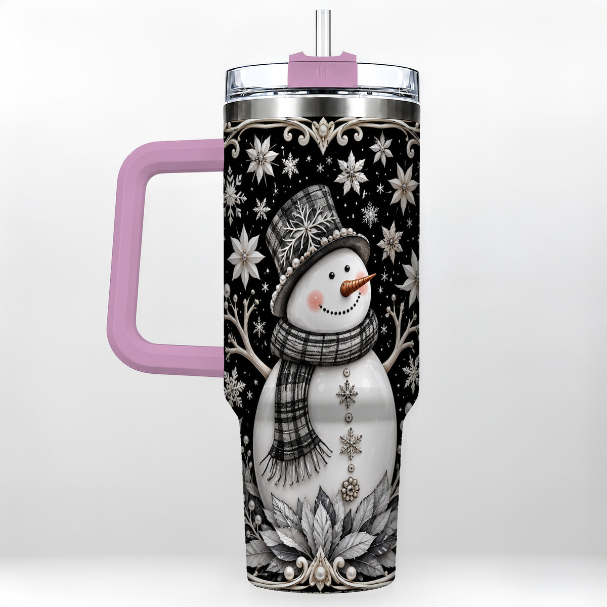 #pl[40oz|Pink] Pearl Snowman 40oz Tumbler with Handle, Winter Stainless Steel Travel Cup
