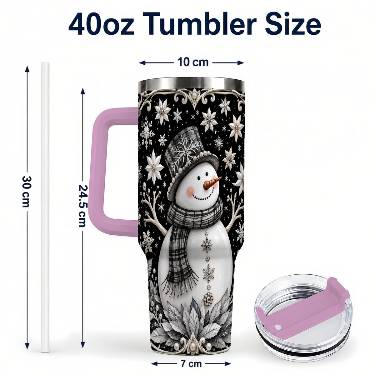 #pl[40oz|Pink] Pearl Snowman 40oz Tumbler with Handle, Winter Stainless Steel Travel Cup
