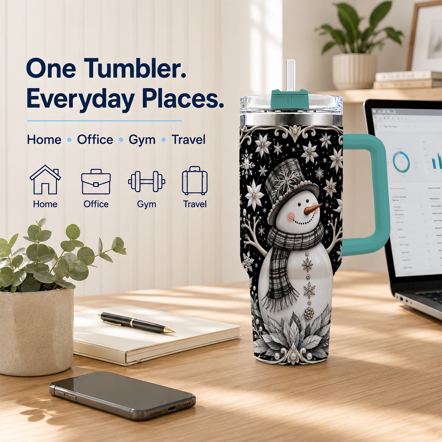 #pl[40oz|Green] Pearl Snowman 40oz Tumbler with Handle, Winter Stainless Steel Travel Cup