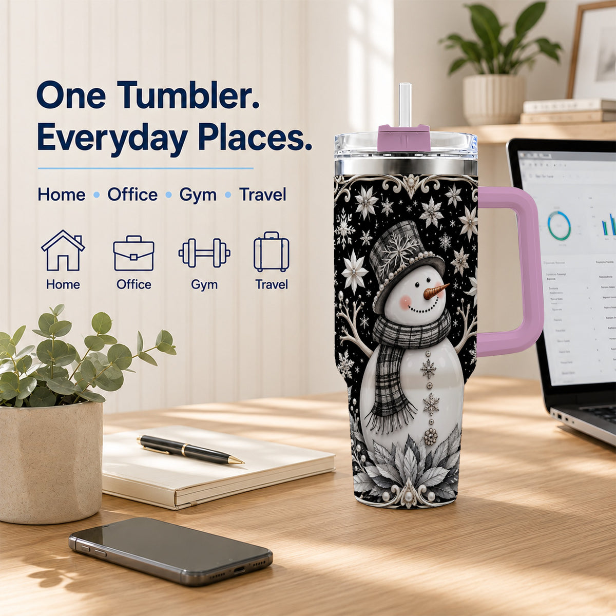 #pl[40oz|Pink] Pearl Snowman 40oz Tumbler with Handle, Winter Stainless Steel Travel Cup