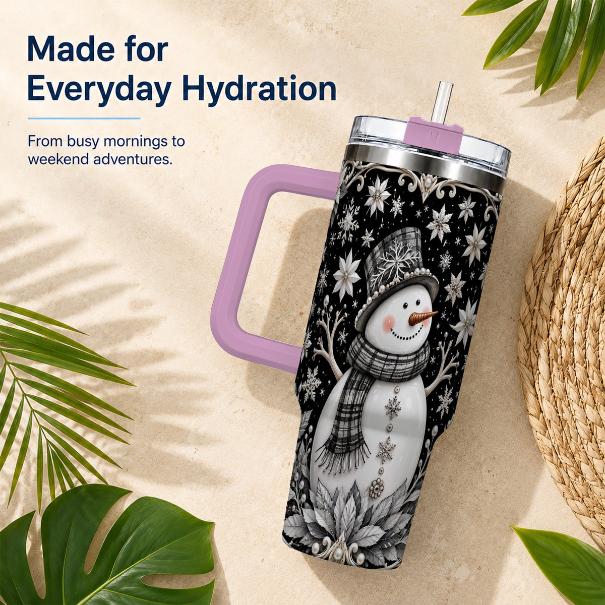 #pl[40oz|Pink] Pearl Snowman 40oz Tumbler with Handle, Winter Stainless Steel Travel Cup