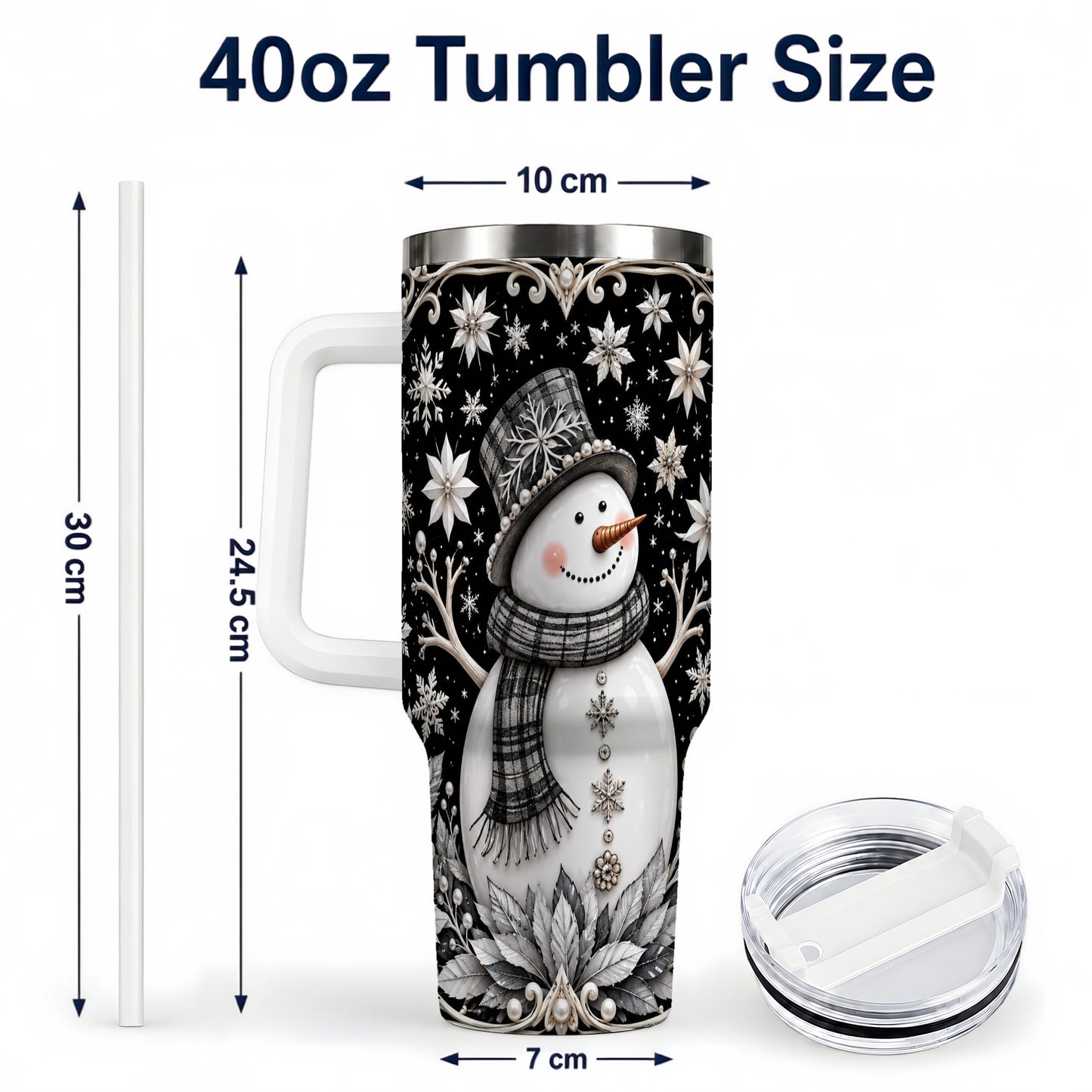 #pl[40oz|White] Pearl Snowman 40oz Tumbler with Handle, Winter Stainless Steel Travel Cup
