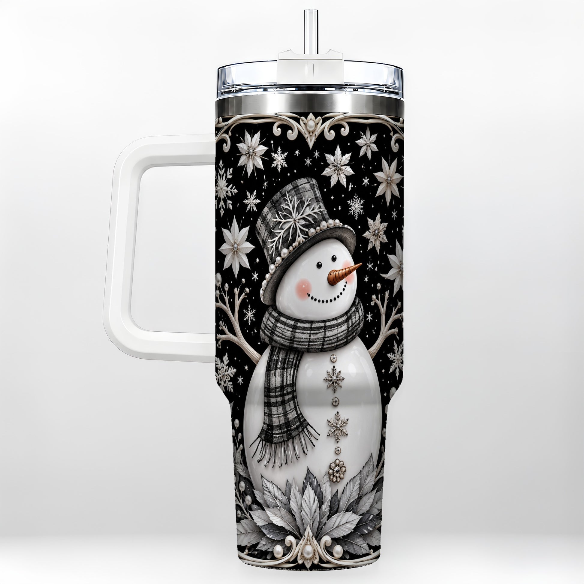 Pearl Snowman 40oz Tumbler with Handle, Winter Stainless Steel Travel Cup
