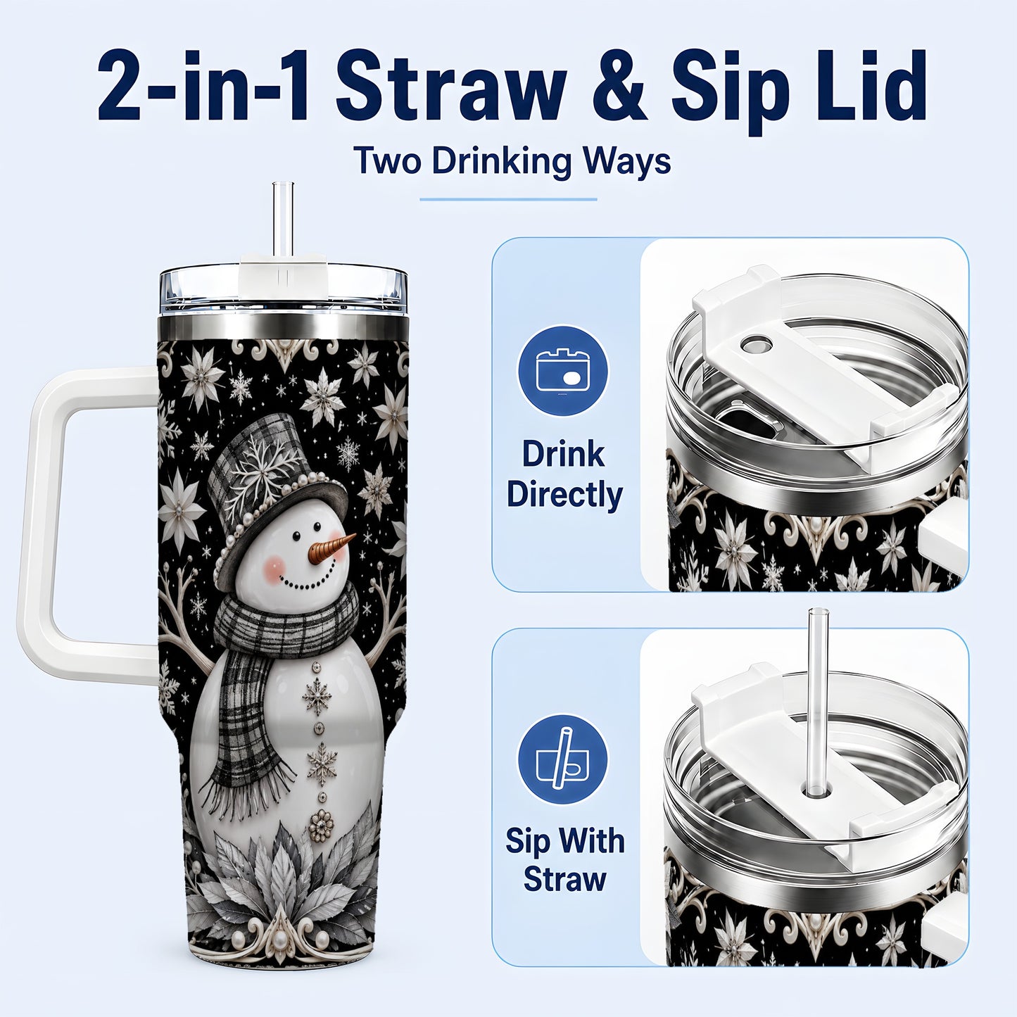 #pl[40oz|White] Pearl Snowman 40oz Tumbler with Handle, Winter Stainless Steel Travel Cup