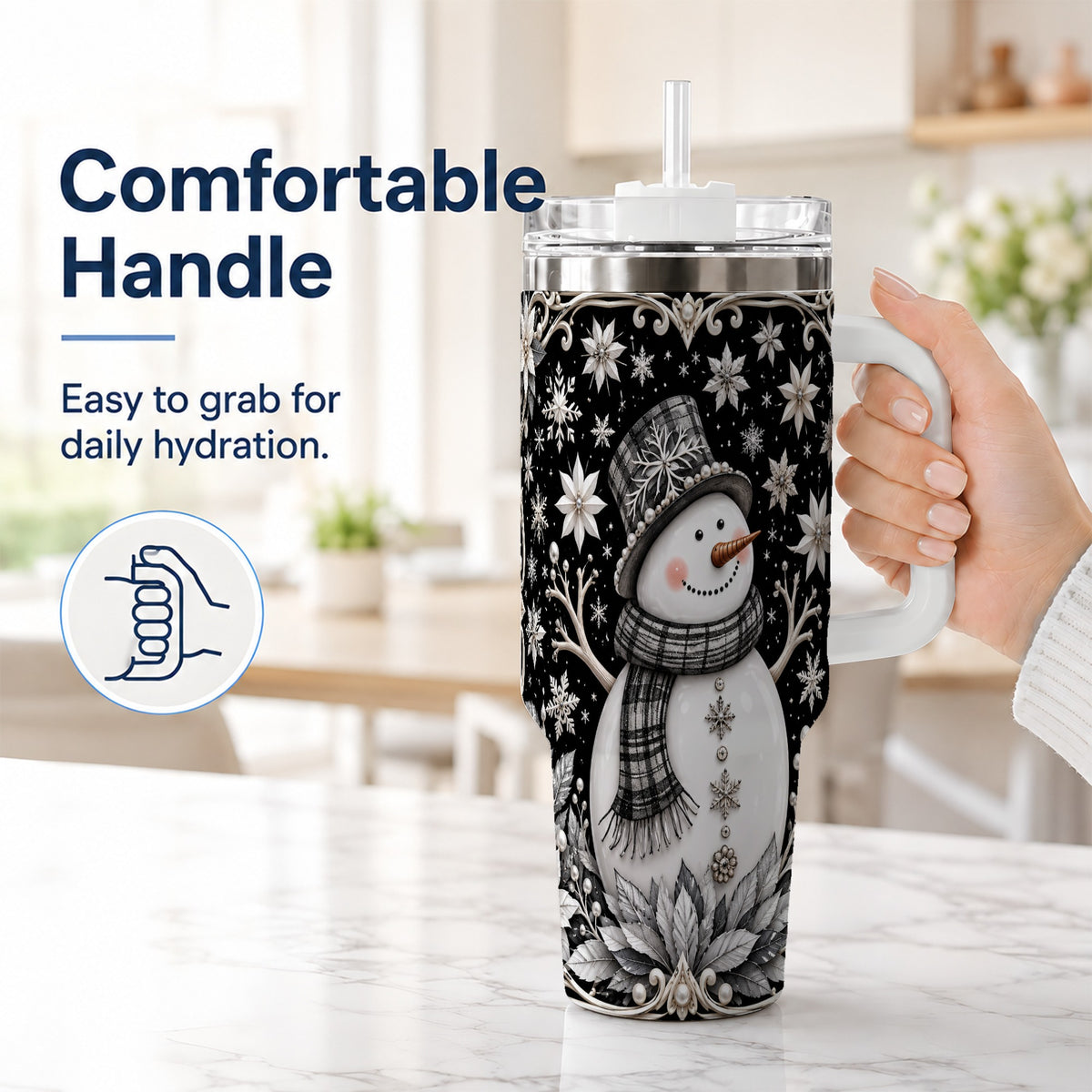 #pl[40oz|White] Pearl Snowman 40oz Tumbler with Handle, Winter Stainless Steel Travel Cup