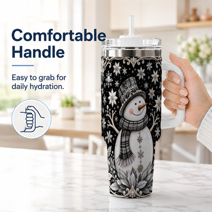 #pl[40oz|White] Pearl Snowman 40oz Tumbler with Handle, Winter Stainless Steel Travel Cup