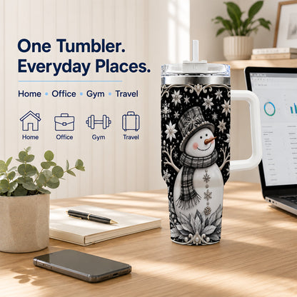 #pl[40oz|White] Pearl Snowman 40oz Tumbler with Handle, Winter Stainless Steel Travel Cup
