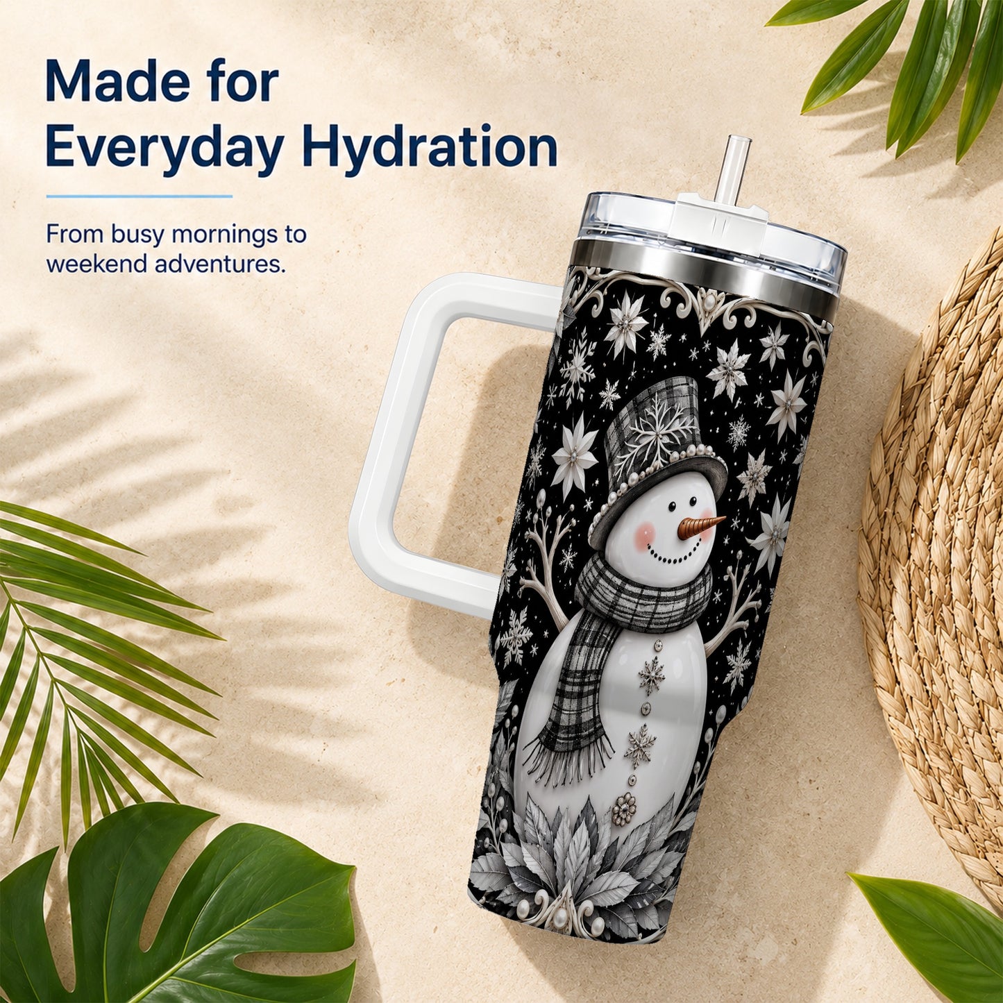 #pl[40oz|White] Pearl Snowman 40oz Tumbler with Handle, Winter Stainless Steel Travel Cup