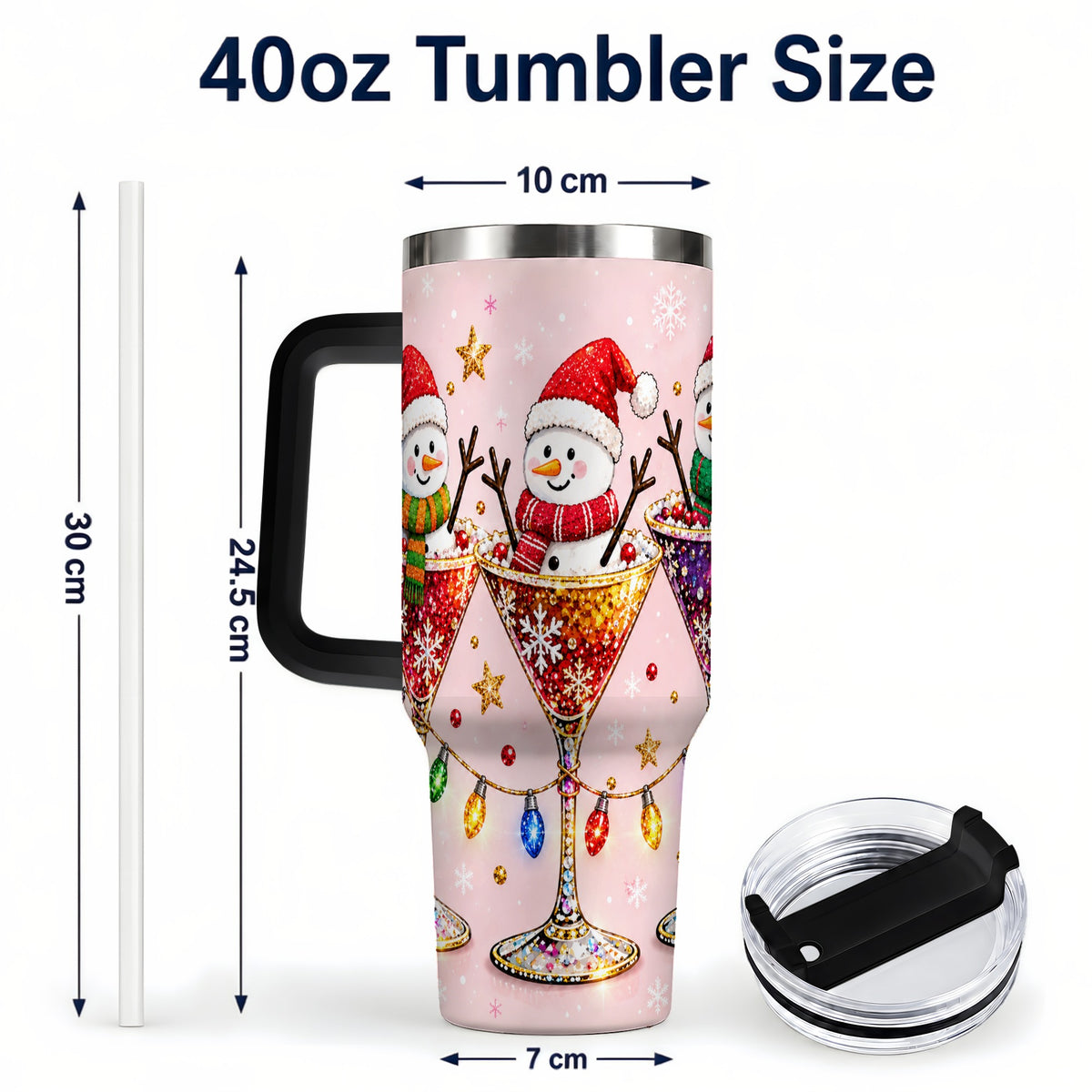 #pl[40oz|Black] Snowman Martini 40oz Tumbler with Handle, Holiday Travel Cup