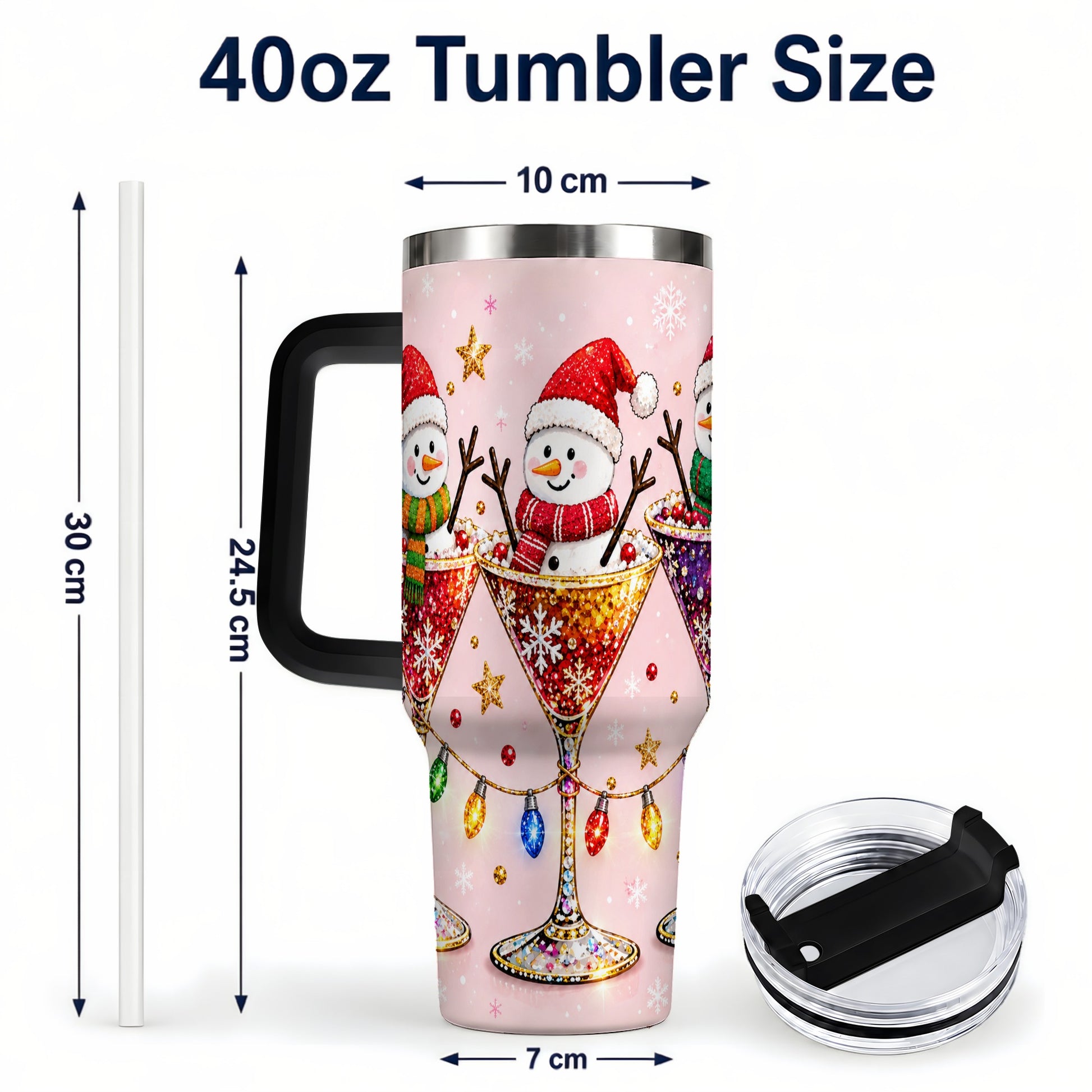 #pl[40oz|Black] Snowman Martini 40oz Tumbler with Handle, Holiday Travel Cup
