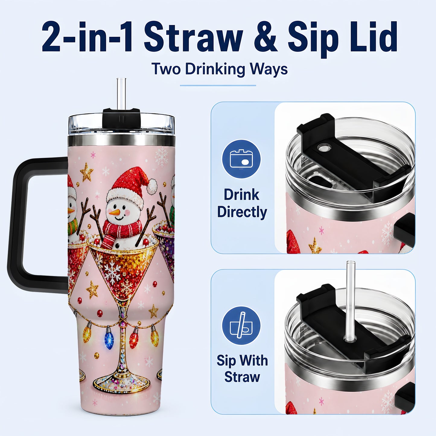 #pl[40oz|Black] Snowman Martini 40oz Tumbler with Handle, Holiday Travel Cup