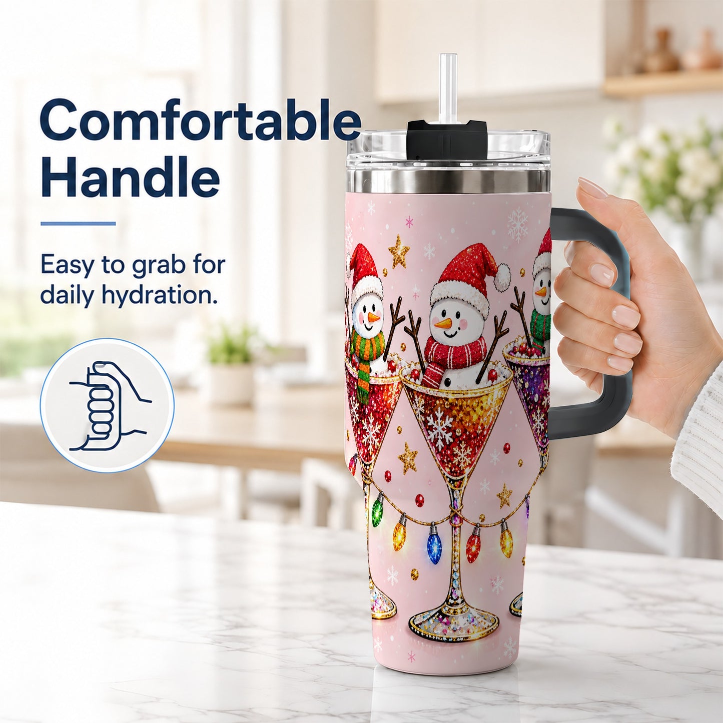 #pl[40oz|Black] Snowman Martini 40oz Tumbler with Handle, Holiday Travel Cup