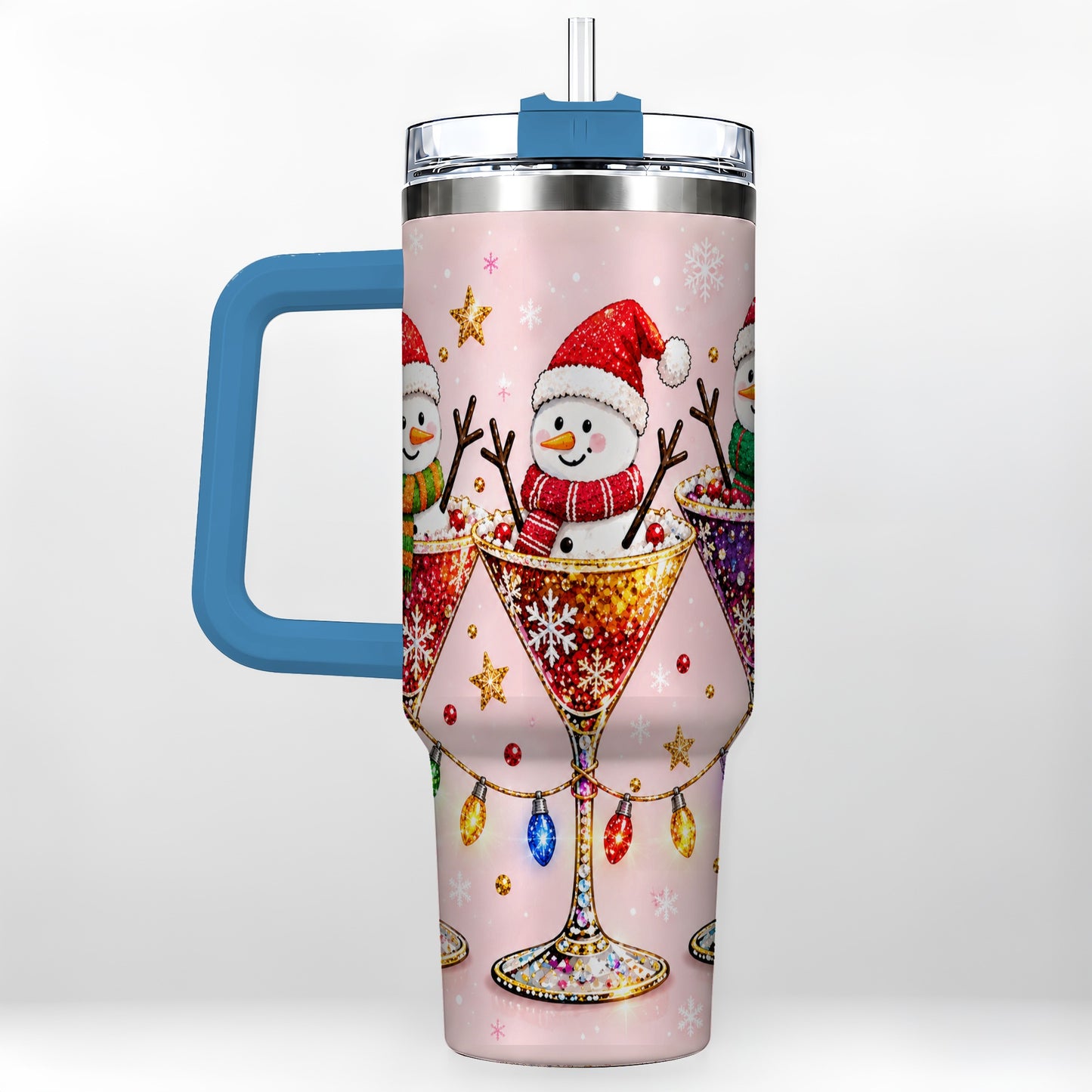 #pl[40oz|Blue] Snowman Martini 40oz Tumbler with Handle, Holiday Travel Cup