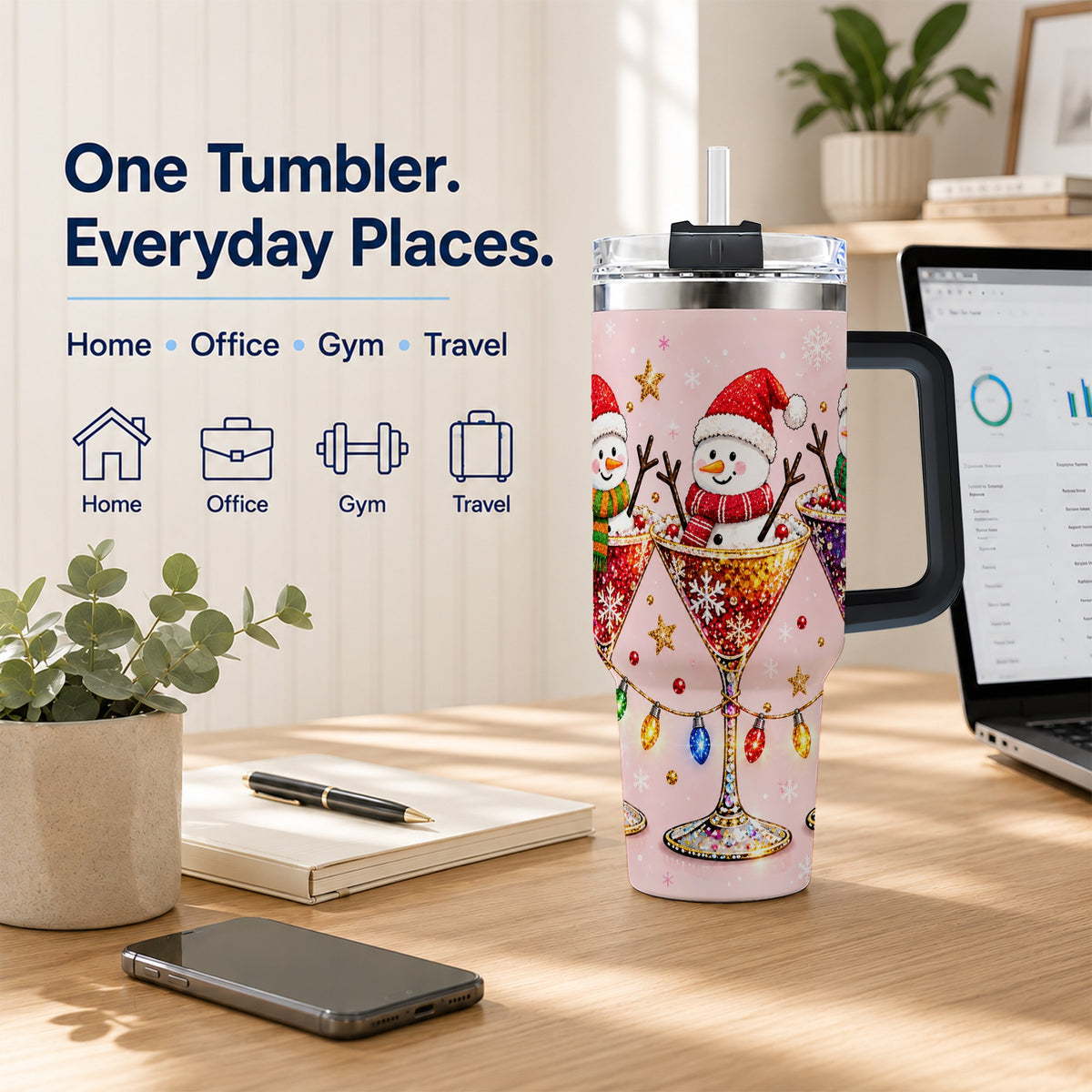 #pl[40oz|Black] Snowman Martini 40oz Tumbler with Handle, Holiday Travel Cup