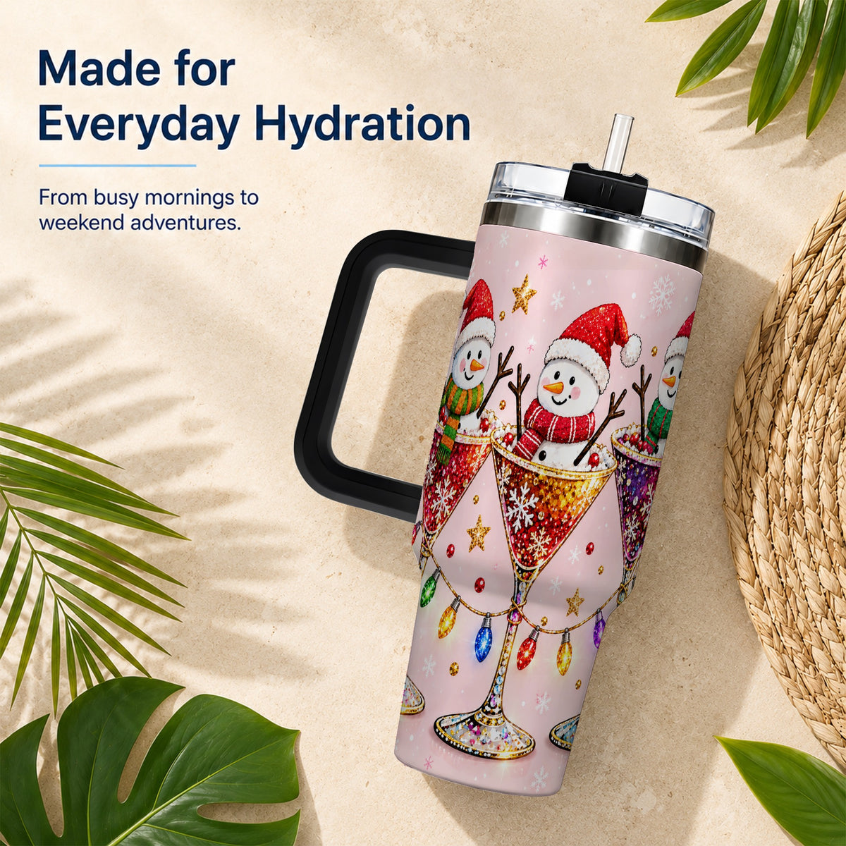 #pl[40oz|Black] Snowman Martini 40oz Tumbler with Handle, Holiday Travel Cup