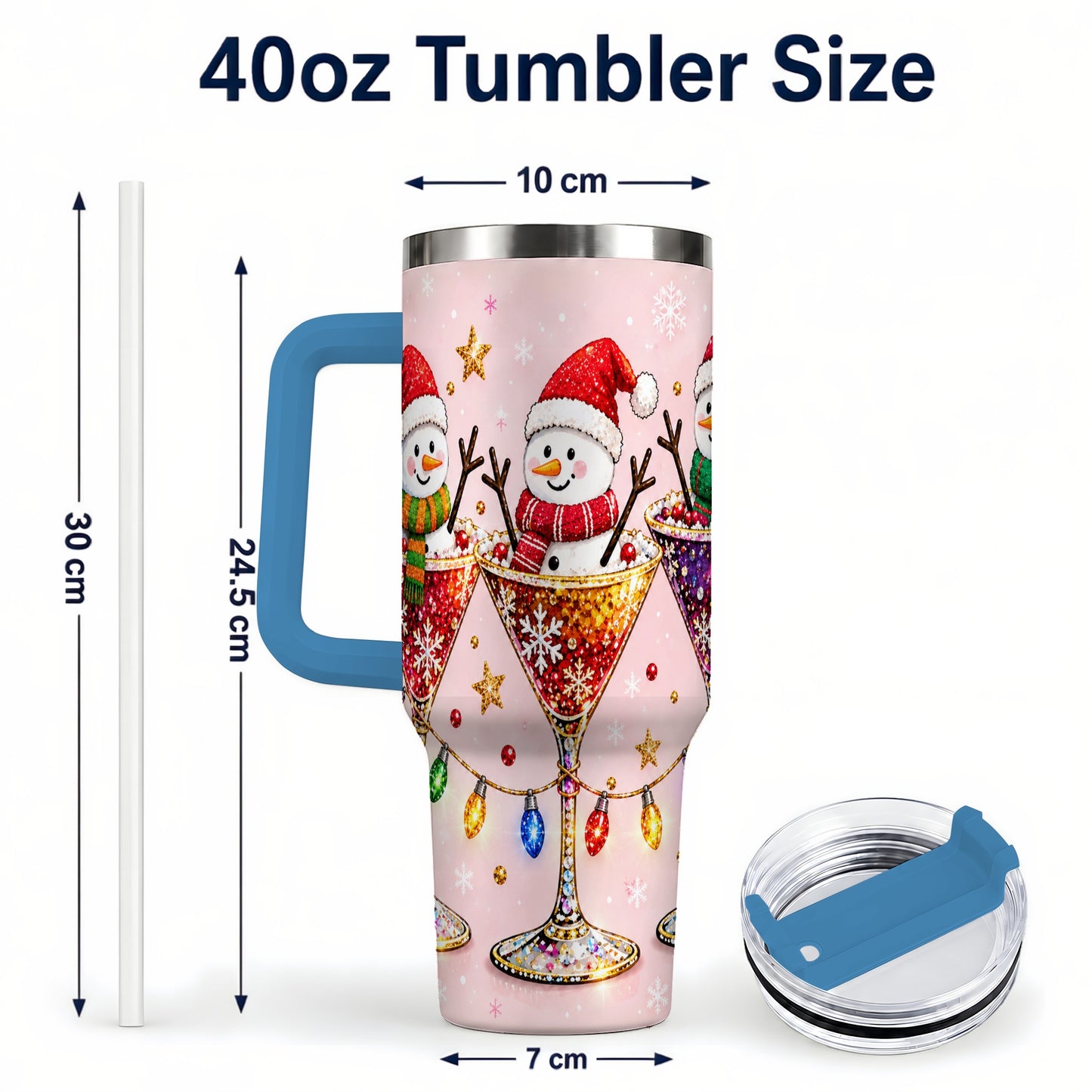 #pl[40oz|Blue] Snowman Martini 40oz Tumbler with Handle, Holiday Travel Cup