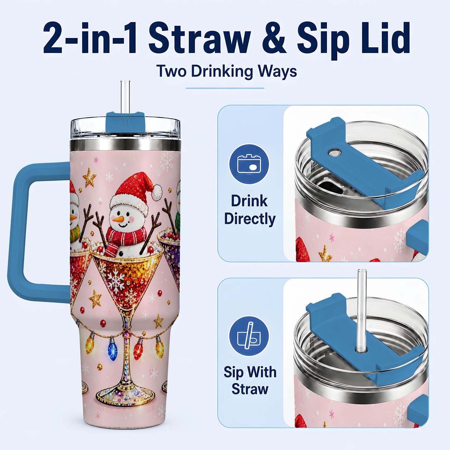 #pl[40oz|Blue] Snowman Martini 40oz Tumbler with Handle, Holiday Travel Cup