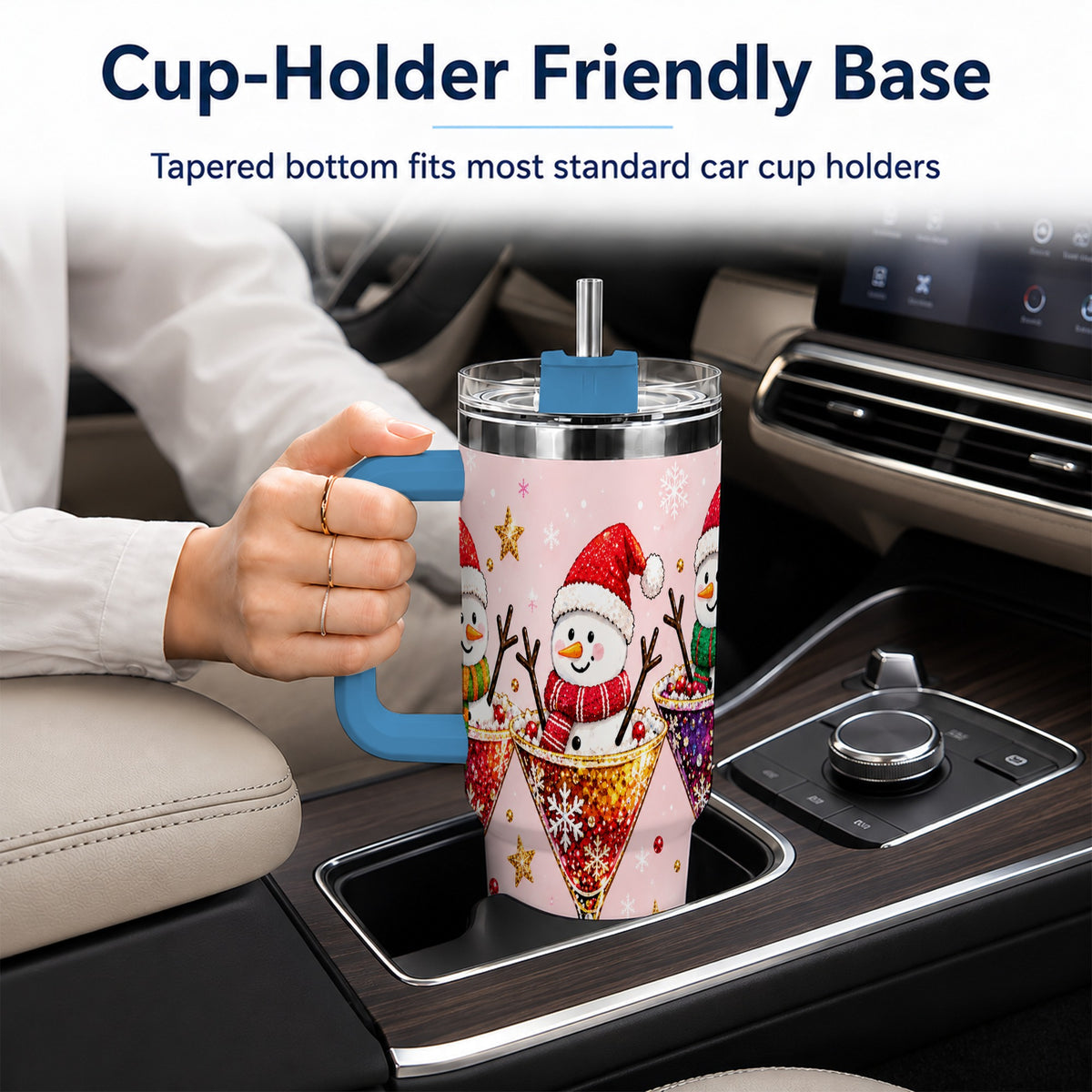 #pl[40oz|Blue] Snowman Martini 40oz Tumbler with Handle, Holiday Travel Cup