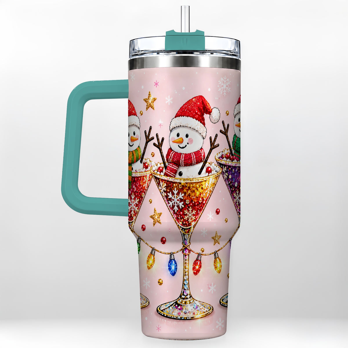 #pl[40oz|Green] Snowman Martini 40oz Tumbler with Handle, Holiday Travel Cup