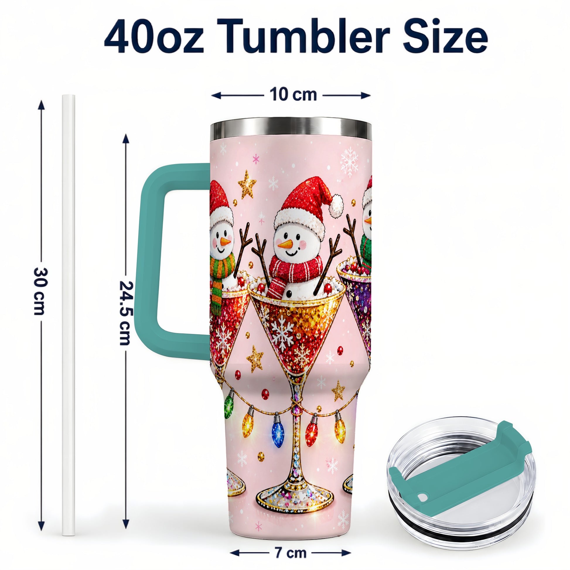 #pl[40oz|Green] Snowman Martini 40oz Tumbler with Handle, Holiday Travel Cup