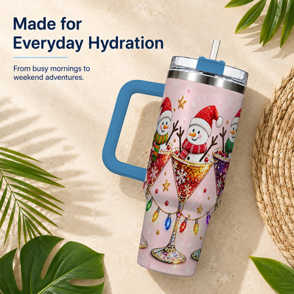#pl[40oz|Blue] Snowman Martini 40oz Tumbler with Handle, Holiday Travel Cup