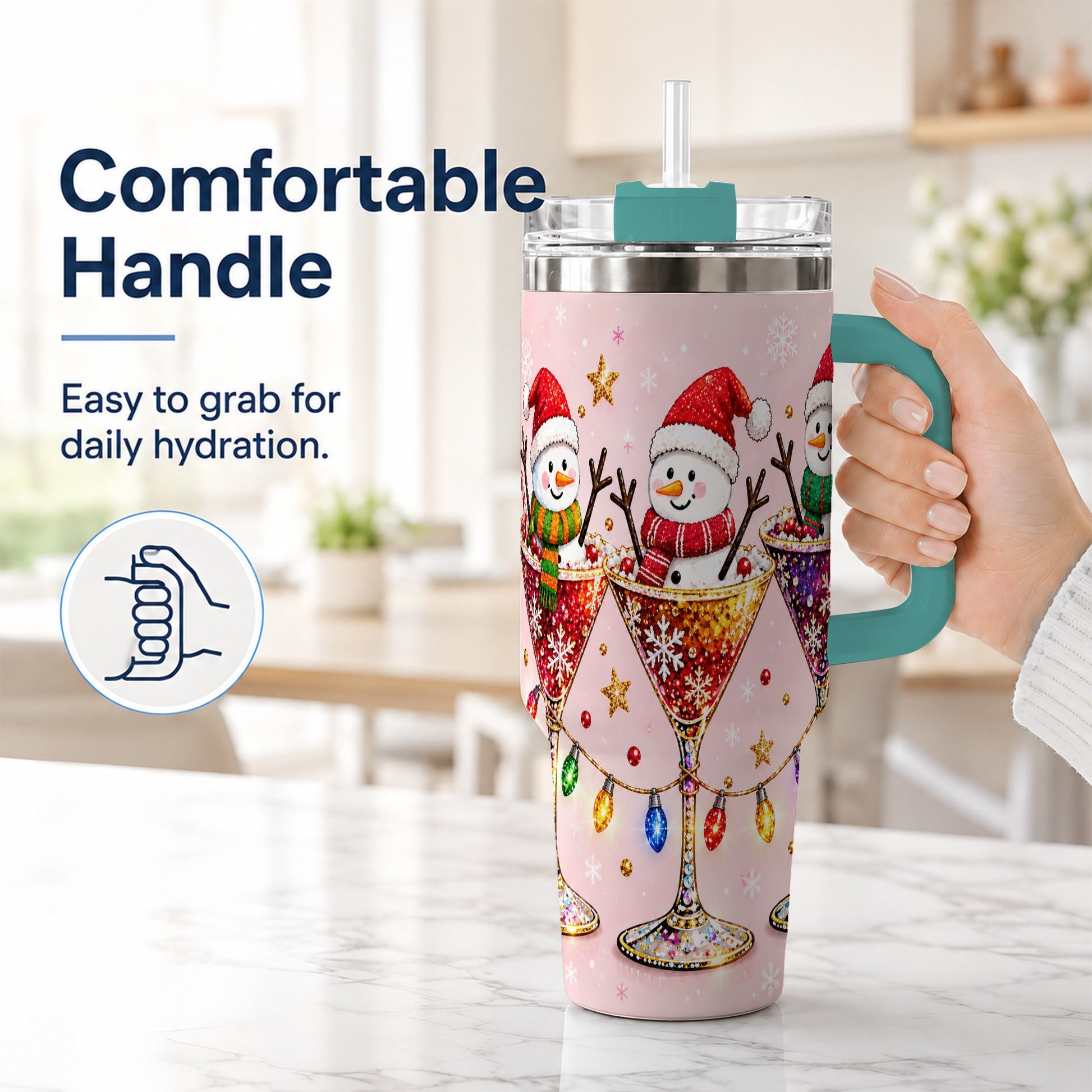#pl[40oz|Green] Snowman Martini 40oz Tumbler with Handle, Holiday Travel Cup