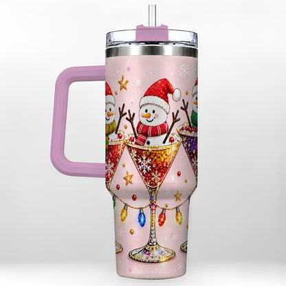 #pl[40oz|Pink] Snowman Martini 40oz Tumbler with Handle, Holiday Travel Cup