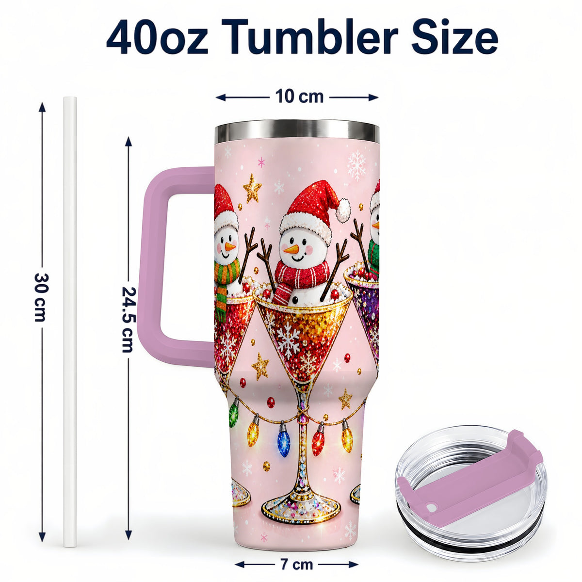 #pl[40oz|Pink] Snowman Martini 40oz Tumbler with Handle, Holiday Travel Cup