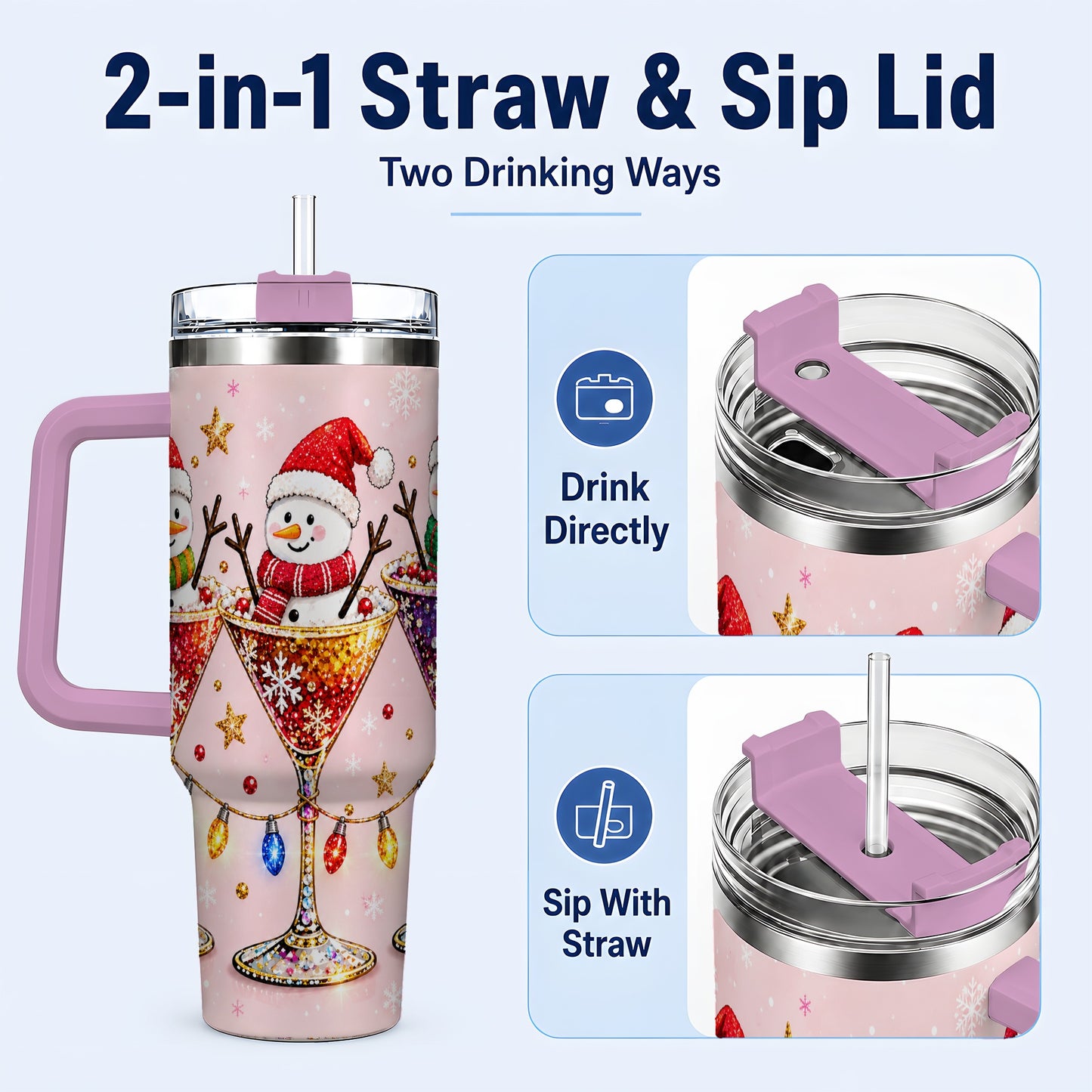 #pl[40oz|Pink] Snowman Martini 40oz Tumbler with Handle, Holiday Travel Cup