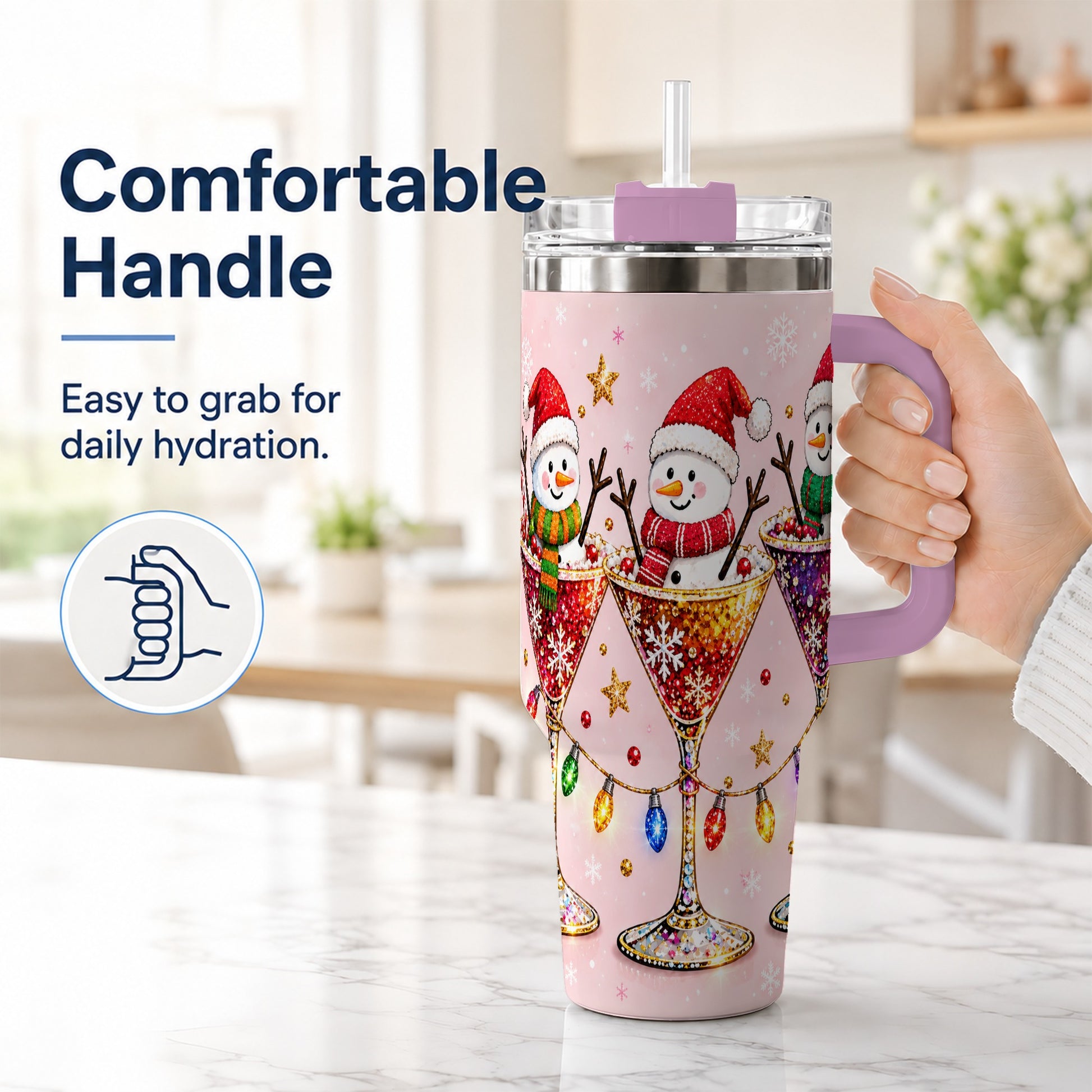 #pl[40oz|Pink] Snowman Martini 40oz Tumbler with Handle, Holiday Travel Cup