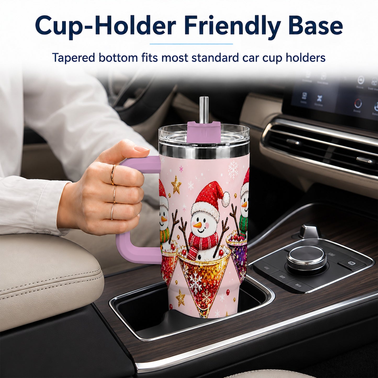 #pl[40oz|Pink] Snowman Martini 40oz Tumbler with Handle, Holiday Travel Cup