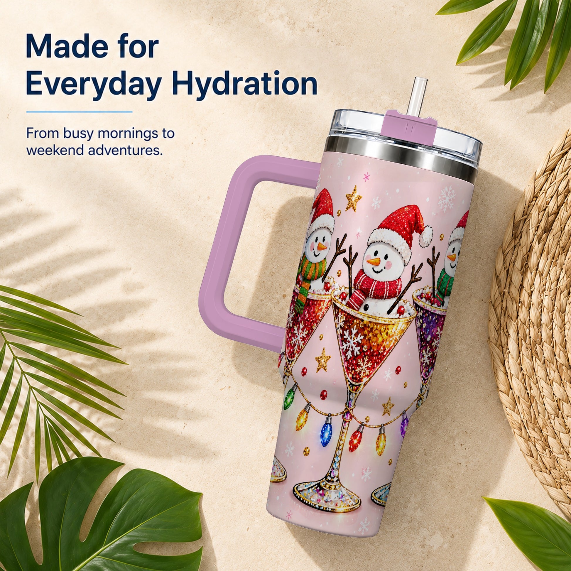 #pl[40oz|Pink] Snowman Martini 40oz Tumbler with Handle, Holiday Travel Cup