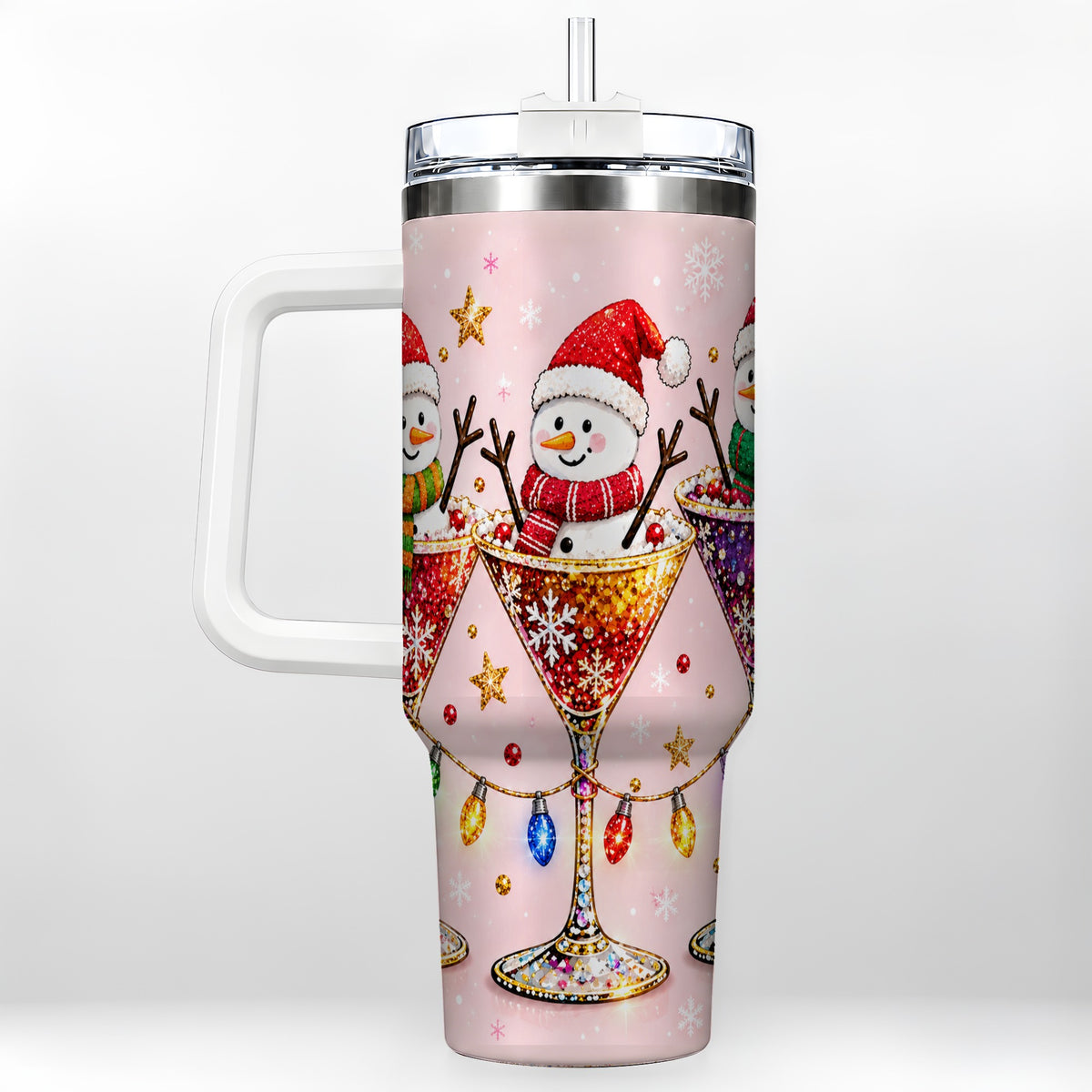 Snowman Martini 40oz Tumbler with Handle, Holiday Travel Cup