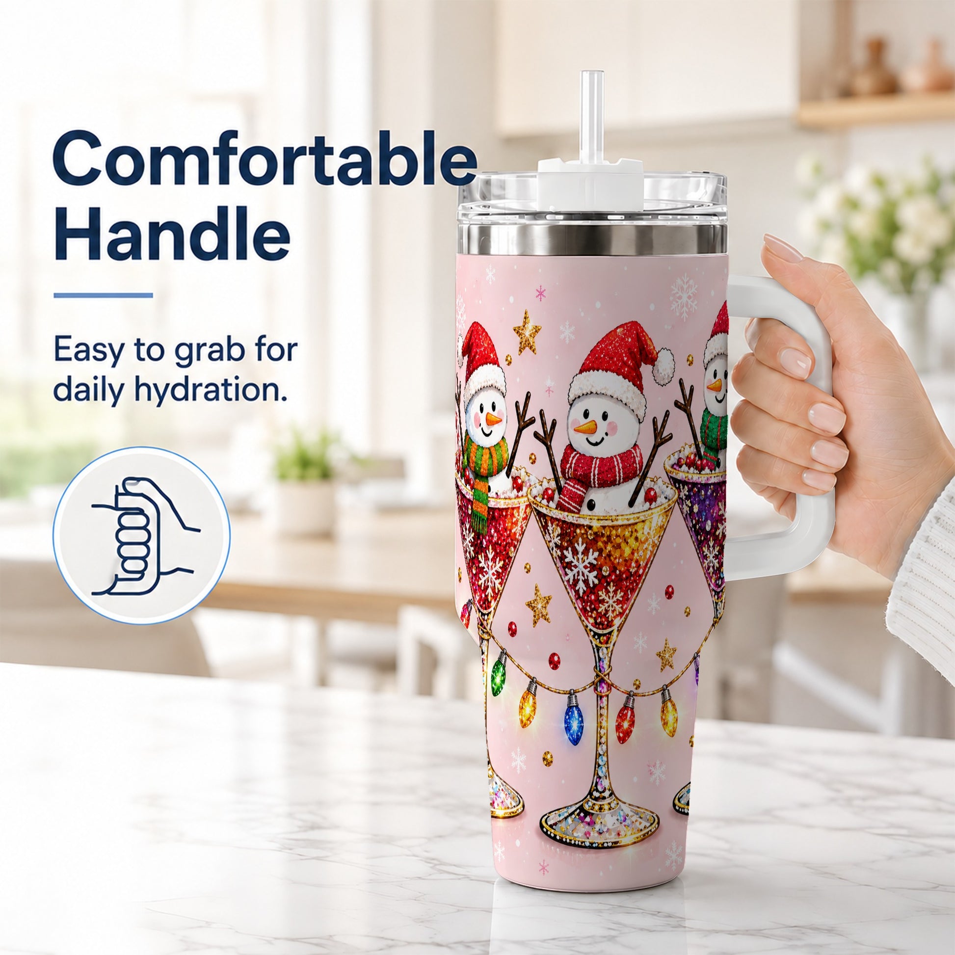 #pl[40oz|White] Snowman Martini 40oz Tumbler with Handle, Holiday Travel Cup