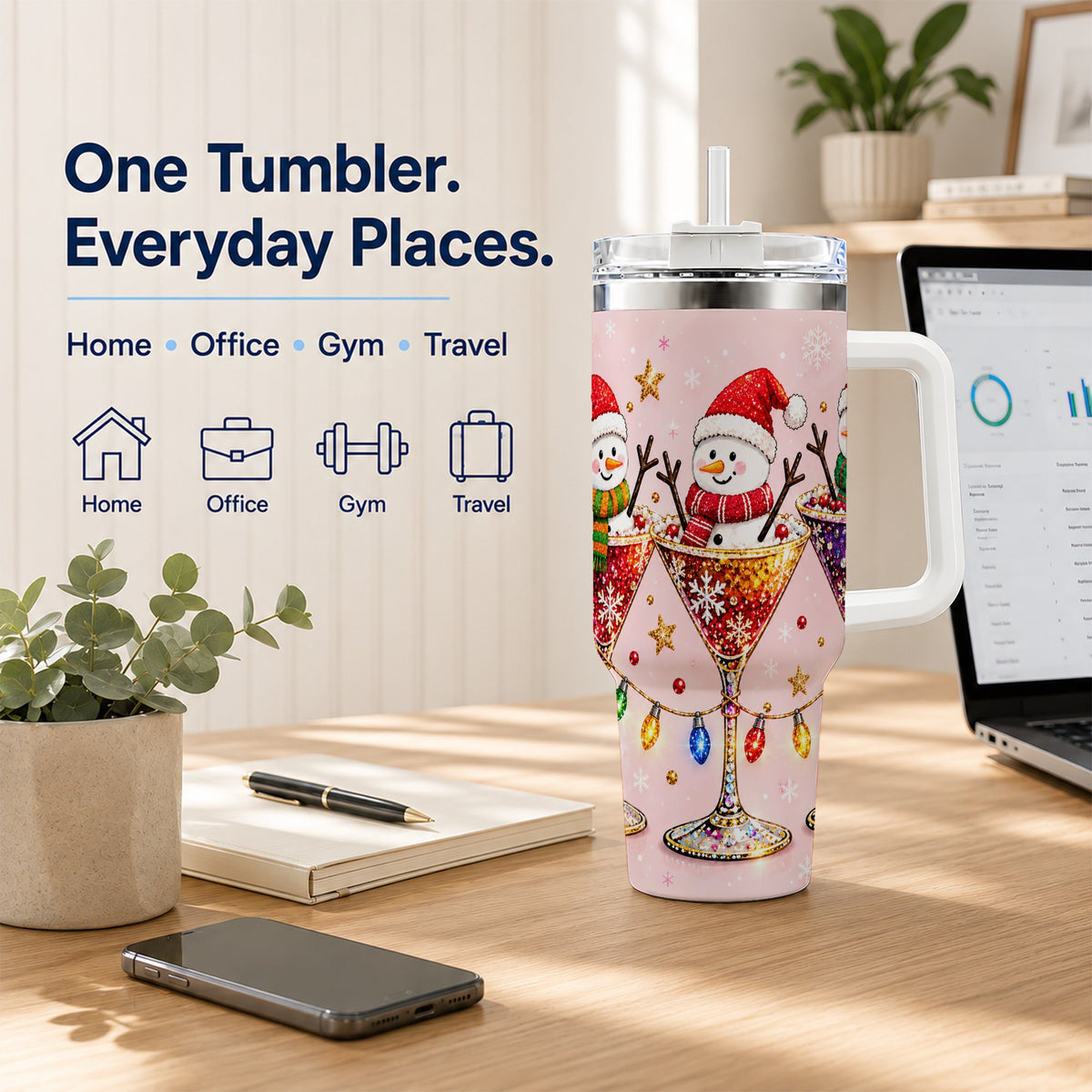 #pl[40oz|White] Snowman Martini 40oz Tumbler with Handle, Holiday Travel Cup