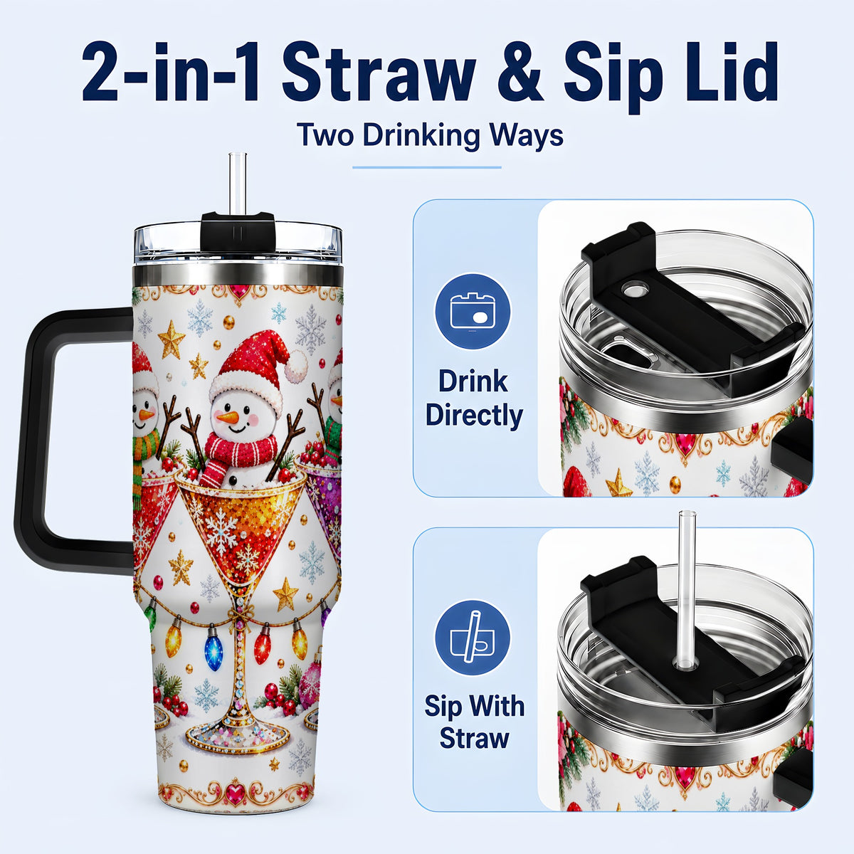 #pl[40oz|Black] Snowman Martini 40oz Tumbler with Handle, Christmas Travel Cup