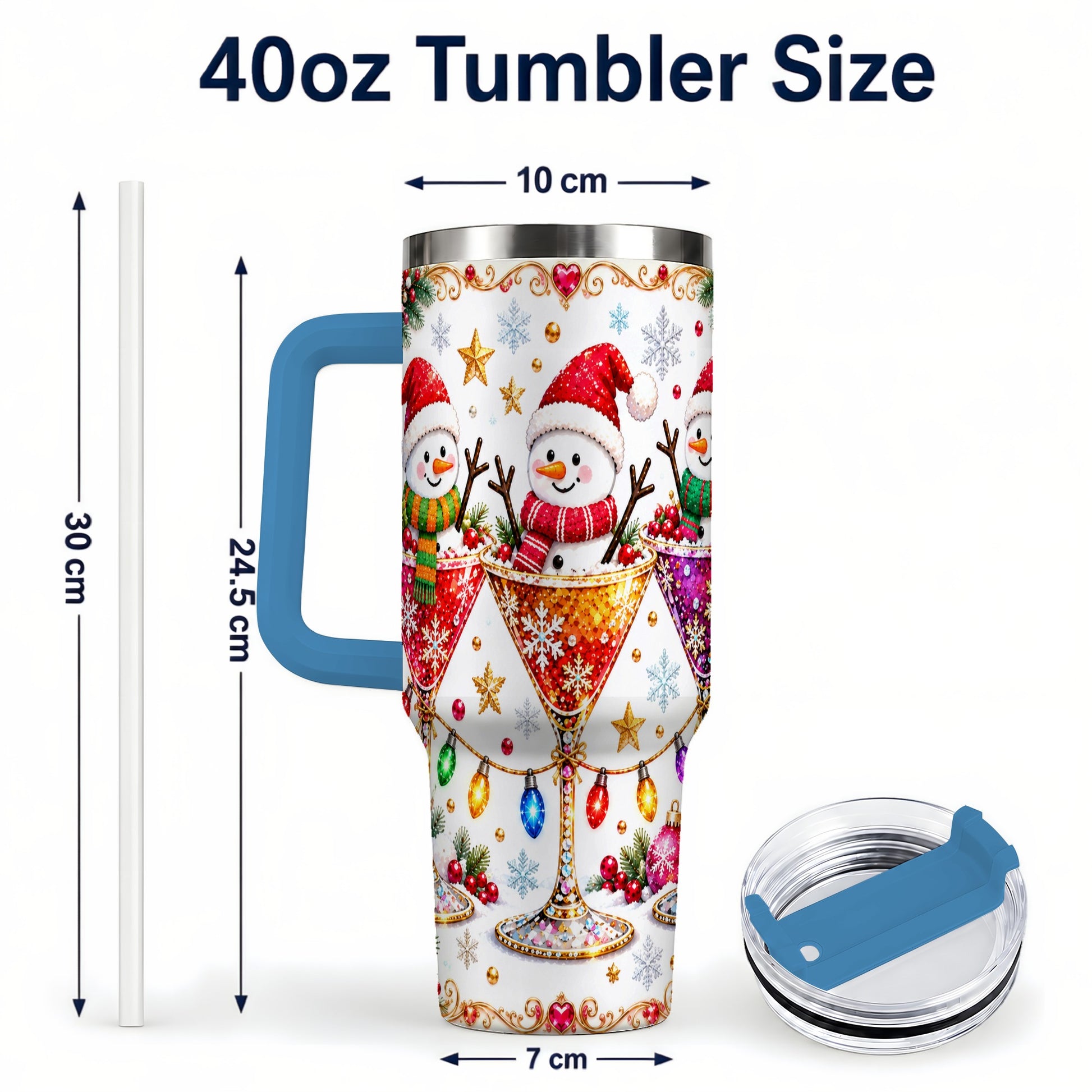 #pl[40oz|Blue] Snowman Martini 40oz Tumbler with Handle, Christmas Travel Cup